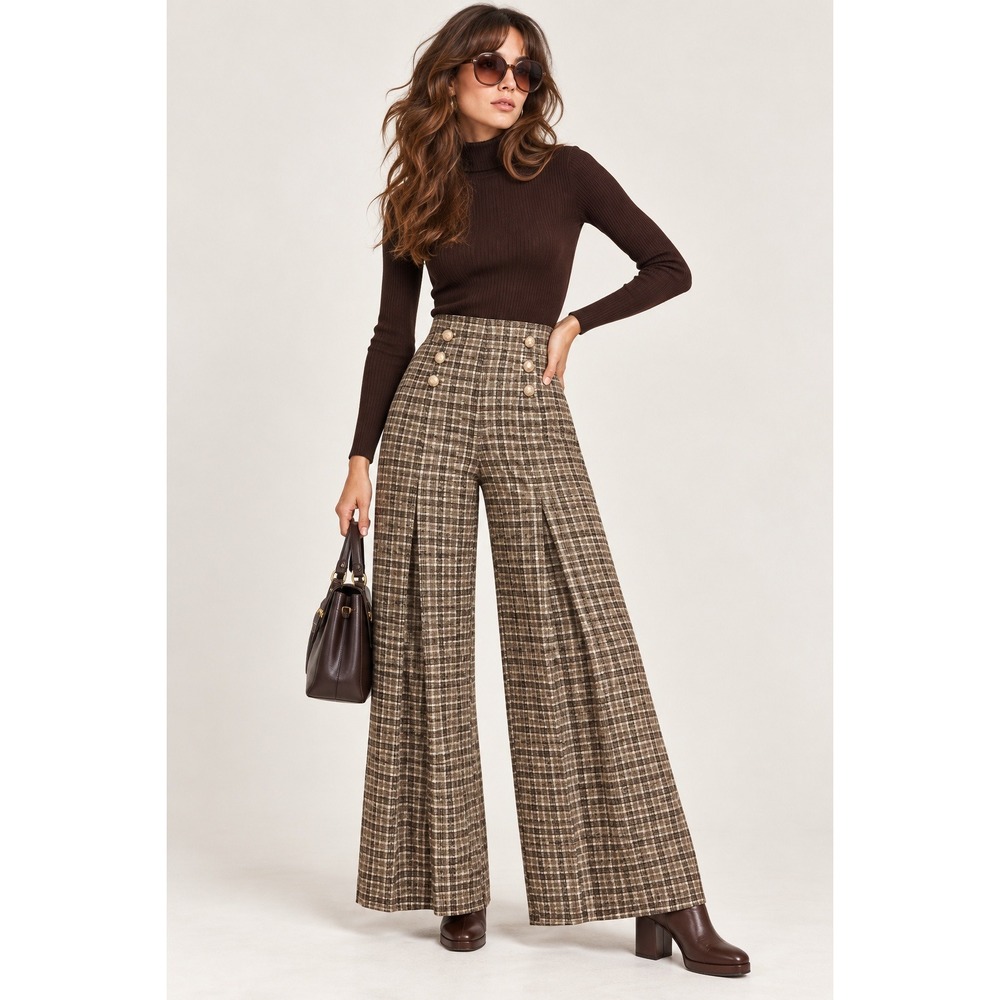 Micas Plaid Print Double Breasted High Waist Wide Leg Pants XS Brown Retro Prep